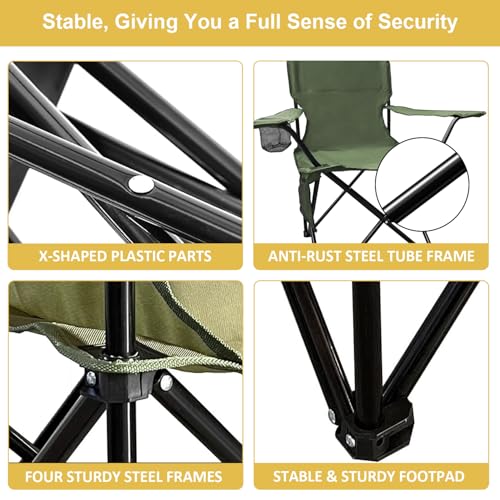 Folding Camping Chair with Cup Holder & Storage Bag, 225lbs Capacity, Large Anti-Sink Feet, Breathable PE Coated Fabric for Outdoor, Hiking, Beach, Fishing, Backpacking, 2PCS Green - color: Green, style: 2PACK