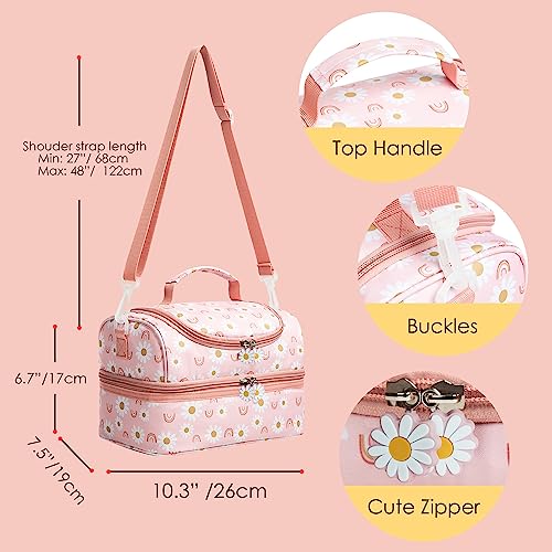 Insulated Kids Dual Compartment Lunch Bags Tote for Girls Boys Toddler Lunch Boxes Pre-School Toddler Kindergarten Elementary Picnic Food Cooler Thermal with Strap (Rainbow Daisies) - color: Rainbow Daisies