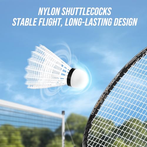 Professional Badminton Set with Carbon Fiber Badminton Rackets Set of 4, Outdoor Portable Badminton Net with Anti-Sag Winch System, 4 Nylon Badminton Shuttlecocks and Bag - color: B-White