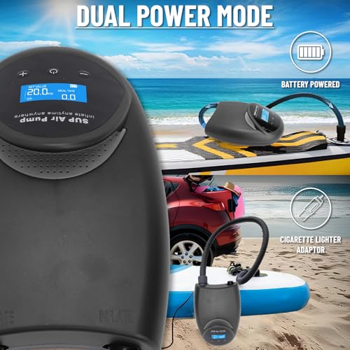 Tonsim Rechargeable Paddle Board Electric Pump, 20 PSI SUP Pump with 4 Preset Modes, Dual-Stage Inflation & Deflation, 12V DC Car Connector, Auto Shut-Off for Paddle Boards, Kayaks and Tents - color: Black