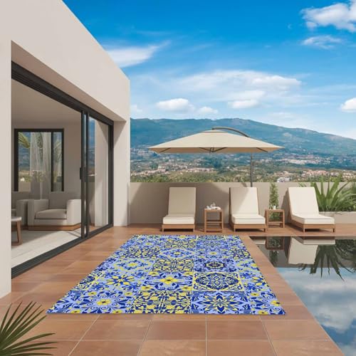 Vintage Boho Outdoor Rug 5' x 8', Middle Century Bohemia Style Patchwork Blue Washable Area Rug for Outdoor Indoor, Non Slip Outside Large Rugs Carpet for RV Patio Backyard Picnic Camping Porch Deck - color: Sky Blue, size: 5' x 8' (Rectangular)