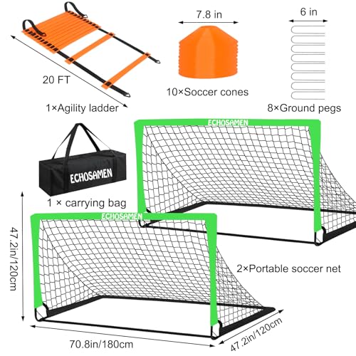 Kids Soccer Goals for Backyard, 2 of 6 x 4 ft Kids Soccer Goal Set Soccer Net with 10 Soccer Cones, Agility Ladder & Carry Bag, Portable Soccer Training Equipment. - color: Green