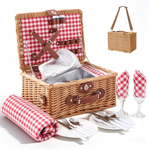 Willow Picnic Basket Set for 2 with Large Insulated Bag and Waterproof Picnic Blanket，Utensils, Glasses, Wicker Picnic Hamper for Camping,Outdoor,Birthday, Valentine, Red - color: Red With Blanket, size: For 2 Persons