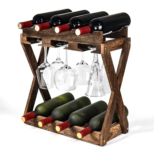 3-IN-1 Countertop Wine Rack with Glass Holder – Store 8 Bottles, 6 Stemware Glasses and Wine Tools | Durable Wooden Wine Bottle Holder | Elegant Home Decor for Kitchen, Dining, and Living Room
