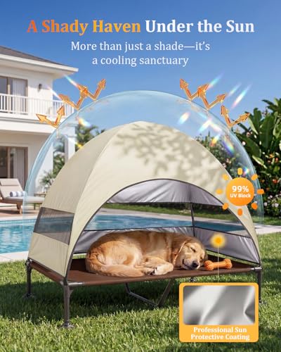 Elevated Outdoor Dog Bed with Canopy, Raised Dog Cot with Stable Adjustable Feet, Dog Camping Bed with Larger Shade, Lifted Dog Tent Bed with Canopy for Outside (Beige, X-Large) - color: Beige, size: X-Large