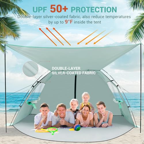 Elegear CumbreX™ Beach Tent Sun Shelter with Canopy, 6-8 Person Pop Up Beach Tent, Easy Setup UPF 50+ UV Protection Portable Lightweight Double Silver Coating Cabana Sun Shade Shelter - Green - color: Green, size: 6-8 Person