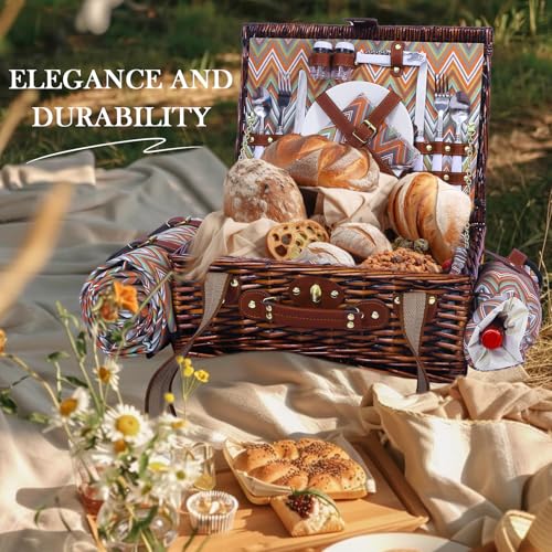 Neti Neti Wicker Picnic Basket for 2 Boho with Insulated Cooler & Waterproof Blanket – Large Willow Picnic Hamper for Outdoor, Camping, Beach, Romantic Dates, Valentine’s Day - color: Boho 3