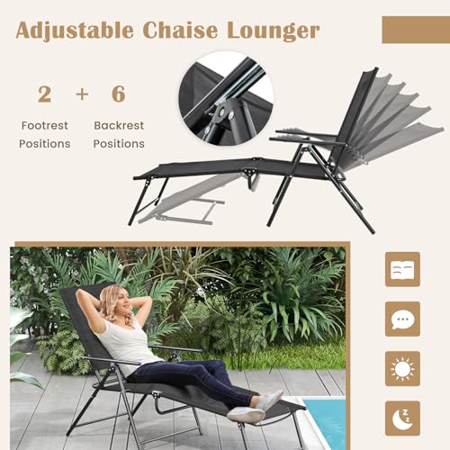 Giantex Lounge Chair Outdoor Set of 2 - Tanning Chair with 6 Adjustable Backrest, 2-Level Footrest, Folding Sunbathing Lounger for Patio, Poolside, Yard, Chaise Lounge Chair, Beach Chair (Black) - color: Black