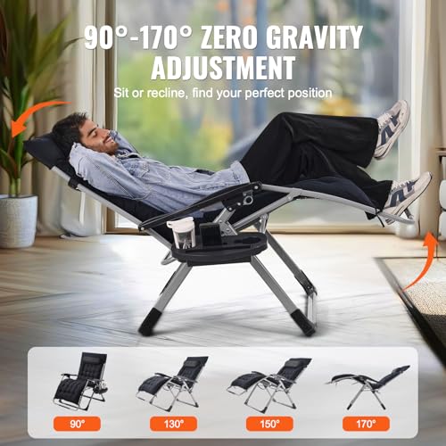VEVOR Zero Gravity Chair, 33 inch Zero Gravity Recliner Lounge Chair for Indoor and Outdoor, Adjustable Anti Gravity Chair with Cushion, Headrest, Footrest, and Cupholder, 500 lbs, Black - color: Black, size: 33 Inch