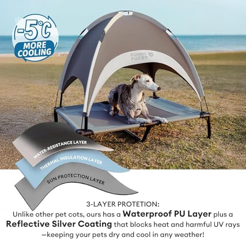 FUNNY FUZZY Elevated Dog Bed with Canopy for Small Dogs, 24"x18"x7" Cooling Outdoor Pet Cot with UV Protection, Breathable Mesh for Cooling, Indoor & Outdoor Use for Dogs, Grey - color: Grey, size: Small