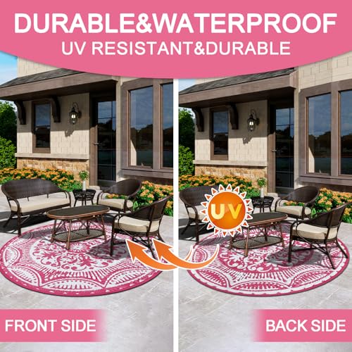 Capslpad 5x5 Floral Outdoor Rug for Patio Clearance Reversible Mat Round Portable Plastic Straw Carpet Waterproof Boho Indoor Outside Area Rugs for RV Camping Picnic Balcony Beach Deck, Pink - color: Pink, size: 5' (Round)