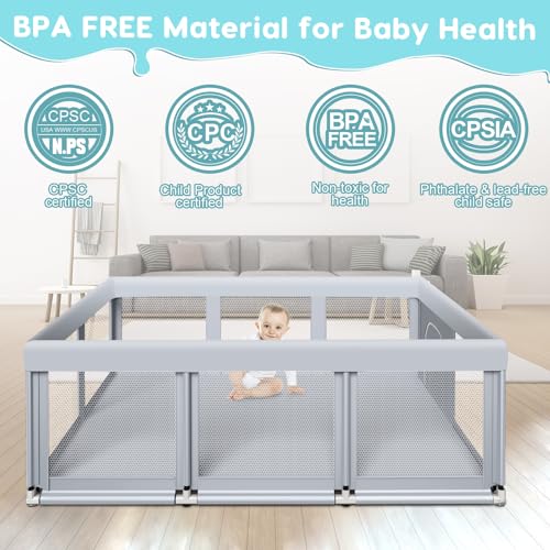 Fshibila 74" ×50" Large Baby Playpen, Baby Playard for Babies and Toddlers, Baby Fence Play Pens for Indoor & Outdoor, Sturdy Safety Play Yard with Soft Breathable Mesh, Anti-Fall, Grey - color: Grey, size: 74 x 50 IN