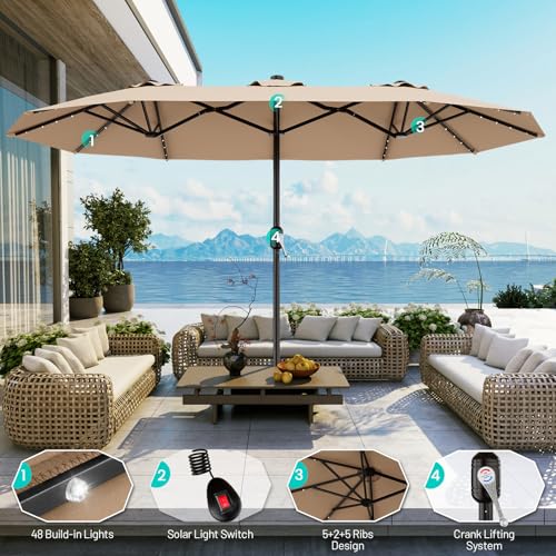 AreShark 13 FT Patio Umbrella with Solar Lights, Double-Sided Outdoor Table Umbrellas with Crank, Large Rectangular Market Umbrella for Porch, Lawn, Pool, Backyard, Beige - color: Beige, size: 6.5x13 Ft