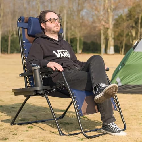 Zero Gravity Chair Set of 4 Oversized Padded Recliner with Adjustable Headrest & Cup Holder - 600D Oxford Folding Lounge Chair for Outdoor Camping, Patio, Poolside (Brown & Blue) - color: Brown & Blue, size: 4 PCS