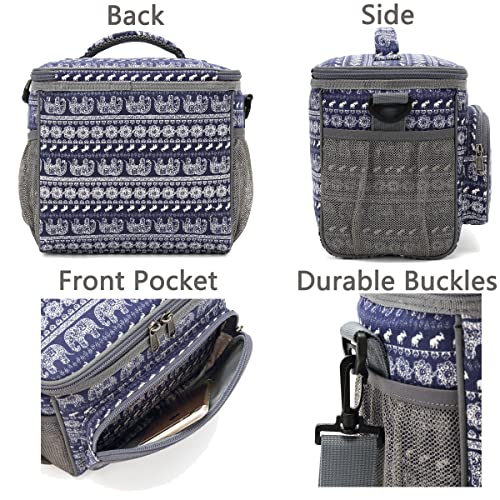 FlowFly Insulated Reusable Lunch Bag Adult Large Lunch Box for Women and Men with Adjustable Shoulder Strap,Front Zipper Pocket and Dual Large Mesh Side Pockets,Elephant - color: Elephant