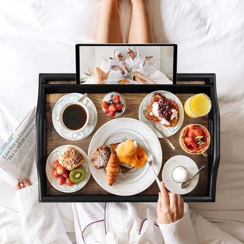 2 Pack Bed Tray Table with Adjustable Legs Breakfast Trays Serving Tray Bamboo Bed Laptap Floding Legs with Handles and Phone Holders - color: 2 Pack