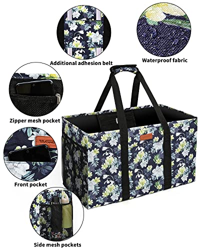 WONDAY Extra Large Reusable Grocery Bag Carrier with Handle, Thirty One Utility Tote Foldable for Shopping and Beach - color: Dark Blue Flower
