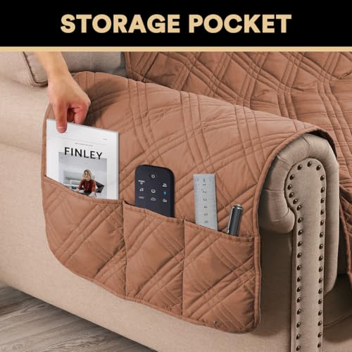 PrinceDeco 100% Waterproof Loveseat Covers for 2 Cushion Couch Sofa Covers Waterproof and Washable Sofa Slipcover with Side Pocket Furniture Protector with Elastic Straps(Loveseat 48", Terracotta) - color: Terracotta, size: Loveseat