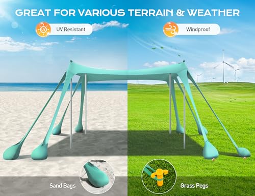 Rengue Beach Tent, Beach Canopy UPF50+ UV Protection, 10x10ft Beach Shade Sun Shelter with 8 Sandbags, Sand Shovels, Ground Peg, Stability Poles for Camping, Fishing, Picnic, Backyard Fun, Light Green - color: Light Green