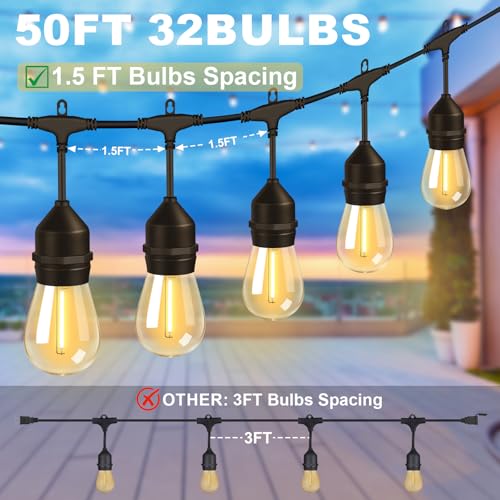 50FT Outdoor String Lights with 32+2 Bulbs (1.5FT Bulbs Spacing), Remote & Dimmer, Commercial Patio String Lights with 3 Mode Light & Timing, IP65 Waterproof, 50PC Mounting Ties for Outside - size: 50ft With Remote (1.5ft Bulbs Spacing)