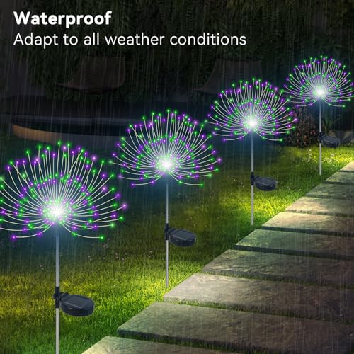 Slyuexu Solar Garden Lights Outdoor Waterproof, 2 Pack 120 LED Solar Firework Lights Decorative Garden Décor Outside for Flowerbed Pathway Party Halloween Christmas Decorations, Green + Purple - color: Green + Purple, size: 2 Pack