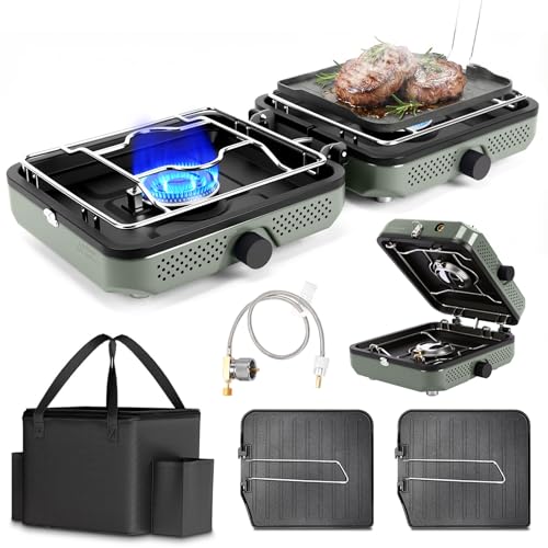 Hisencn Camping Stove,2 Burner Propane Camping Stove,Dual Griddles,30,000 BTU Portable Propane Stove with Carry Bag,Outdoor Cooking Stove set for Camping Gear,RV Essentials,Camp Gifts for Man,Green - color: Green