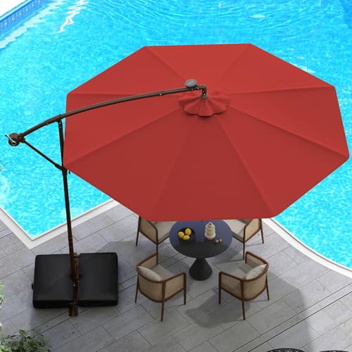 Tangkula 10FT Offset Patio Umbrella with Base Included, Outdoor Cantilever Umbrella with 40 Solar LED Lights, Tilt Adjustment, Crank Handle, Vented Top, Sand Bags for Pool Yard Deck (Burgundy) - color: Burgundy