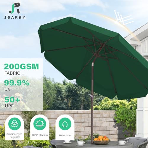 JEAREY 9 FT Patio Umbrella Outdoor, Table Umbrellas Market Umbrella w/Push Button Tilt/Crank, 8 Sturdy Ribs(Dark Green) - color: Dark Green
