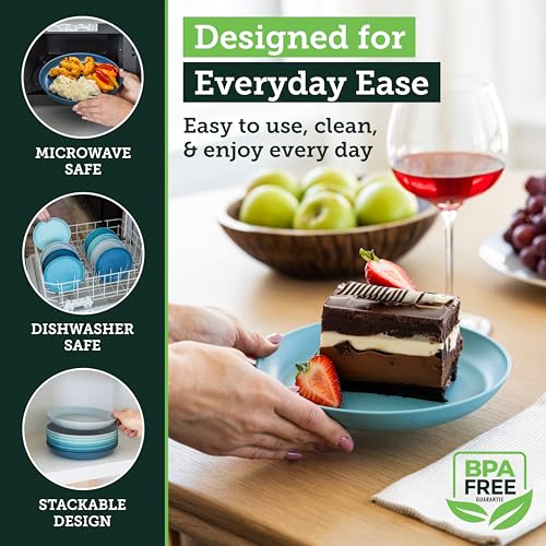 Grow Forward Premium Wheat Straw Plates - 8 Inch Reusable Hard Plastic Dinner Plates Set of 8 - Unbreakable Microwave Safe Plates for Dessert, Camping, RV, Outdoors, Patio, Kitchen Dishes - Seascape - color: Seascape, size: 8 inch