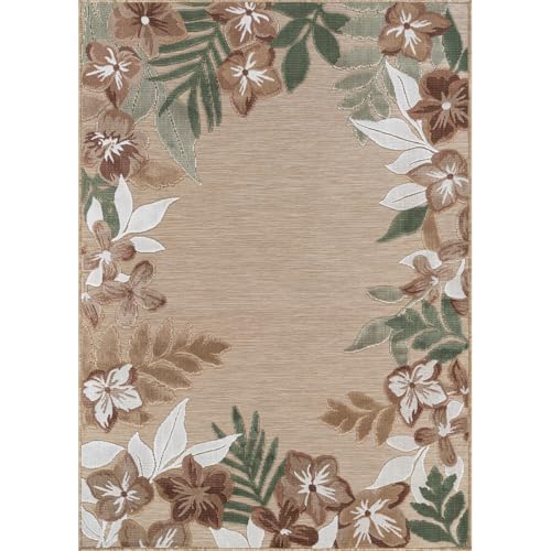 Outdoor Rug 9x12 Washable Area Rugs Indoor Outdoor Carpets Beige Border Floral Non Shedding Waterproof Easy Clean Patio Deck Porch Living Room Bedroom Garden RV (9 X 12 Beige) - color: 1-beige, size: 9' x 12' (Rectangular)