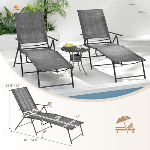 Giantex Lounge Chair Outdoor Set of 2 - Tanning Chair with 6 Adjustable Backrest, 2-Level Footrest, Folding Sunbathing Lounger for Patio, Poolside, Yard, Chaise Lounge Chair, Beach Chair (Grey) - color: Grey