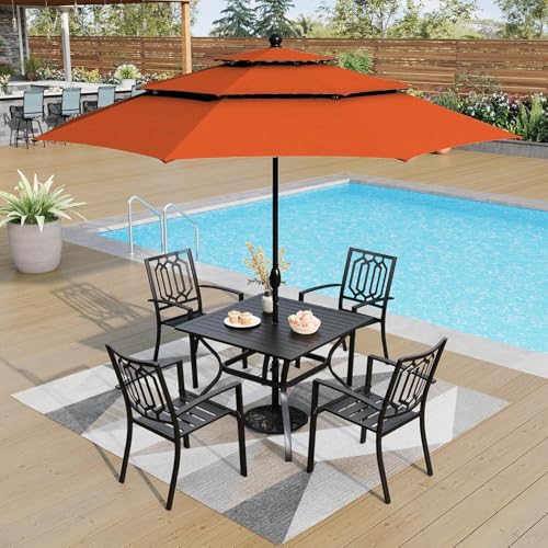 PHI VILLA 5 Pieces Outdoor Dining Set for 4, 37” Black Square Wrought Iron Table with Umbrella Hole & Stackable Chairs, Outside Metal Furniture for Patio, Deck, Yard, Porch - color: Hexagon Back Chair, size: 5pcs-37" Steel Table