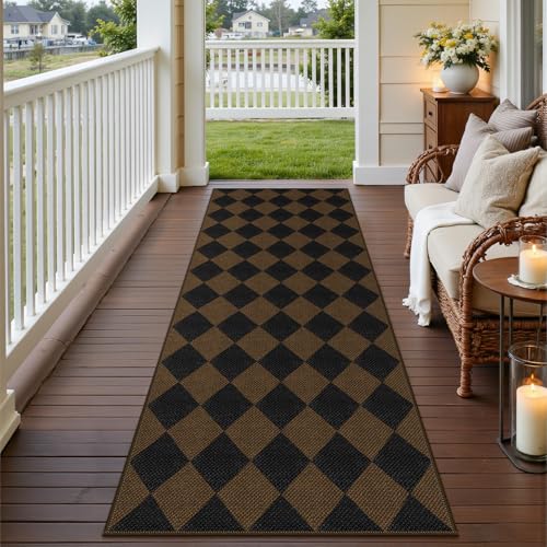 Rugalia Easy Jute Checkered Runner Rug, 2.6x8 Coffee Modern Washable Rugs Runner for Hallway Non-Slip Kitchen Runner Rug, Geometric Diamond Indoor Outdoor Carpet for Porch Laundry Entryway - color: Coffee Checkered, size: 2.6' x 8' (Runner)
