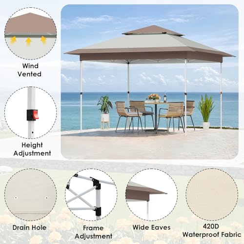 TLSUNNY 12X12 Pop Up Canopy Tent, Camping Shader W/Overhanging Eaves & Sand Bag, Outdoor Gazebo Shelter W/One Push Setup & Wheeled Bag, Height Adjustable, for Patio, Market, Party (Khaki, 12FTX12FT) - color: Khaki, size: 12FTX12FT