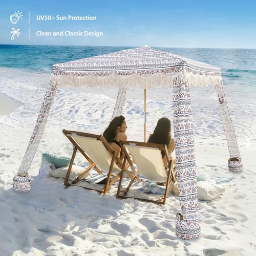 AMMSUN Beach Cabana with Fringe, 7' x 7' Boho Beach Canopy with Tassels, Easy Set up & Premium Wood Pole, Cabana Tent with Sand Pockets, Instant Sun Shade for Sand, Garden, Patio, Tan - color: Tan