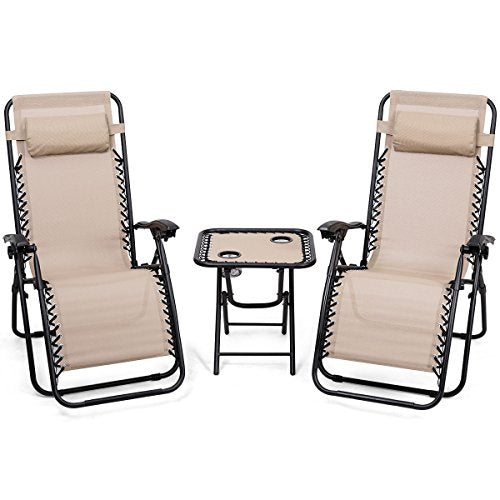 Giantex 3 PCS Zero Gravity Chair Patio Chaise Lounge Chairs Outdoor Yard Pool Recliner Folding Lounge Table Chair Set Backyard Lounge Chairs (Beige) - color: Beige