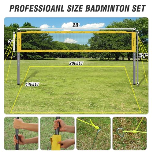 Outdoor Badminton Set for Backyard Lawn Beach Portable Badminton Net Set System with Anti Sagging Design 4 Carbon Aluminum Rackets 3 Birdies and Carrying Bag - color: Yellow
