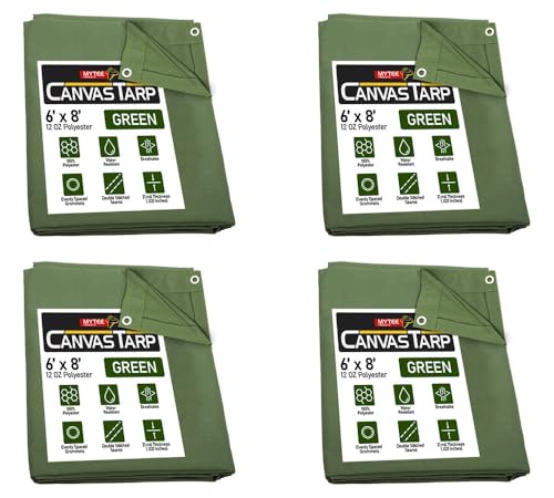 Mytee Products (4 Pack) 6' x 8' Green Canvas Tarp 12oz Heavy Duty Water Resistant - color: Green (4 Pcs), size: 6' x 8'