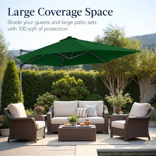 Best Choice Products 10ft Solar LED Offset Cantilever Hanging Market Patio Umbrella, Smooth 360° Rotation, 8 Sturdy Ribs, Easy Adjustment - Green - color: Green, size: Offset w/ 360° Rotation