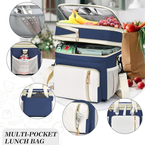 Lunch Box & Lunch Bag for Women Men, Large Insulated Adult Lunch Box Leakproof Lunchbox Cooler Bag for Work Picnic Beach,16L, Dark Blue & White - color: Navy Blue