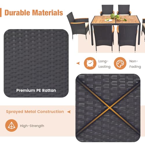 HAPPYGRILL 7 Pieces Outdoor Dining Set, Patio Conversation Set with Umbrella Hole, Acacia Wood Tabletop & Seat Cushions, Dining Table with 6 Rattan Wicker Chairs for Backyard Poolside Deck - color: Black & Beige