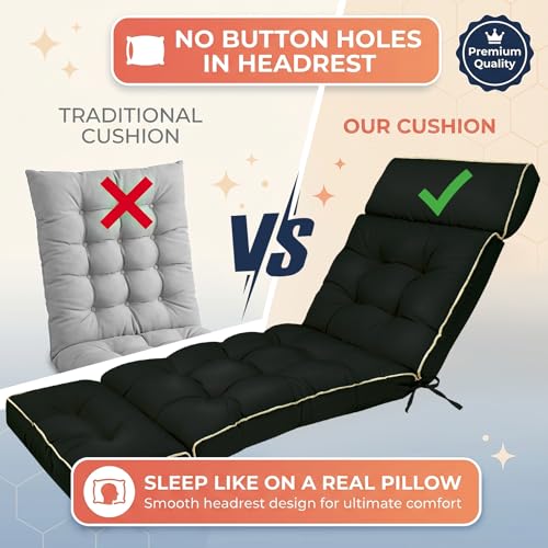 MAGIC ELEPHANT Chaise Lounge Cushion Outdoor, Memory Foam Patio Lounge Chair Cushion with Ties for Indoor Outdoor Furniture, Waterproof Replacement Long Chair Cushion (Black) - color: Black