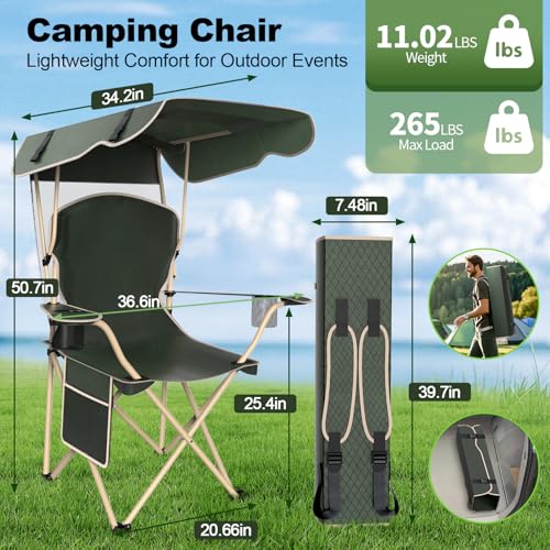 VTOY Portable Camping Chair with Canopy - Folding Chair with Canopy, Durable 600D Oxford Canopy Chair for Camping, Beach, Picnics, Fishing & Sports - color: 1pack Olive Green