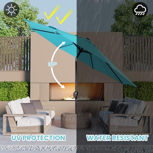 Sun-Ray 9' Round Patio Umbrella with Push-Button Tilt and Hand Crank Lift System, Market Umbrella for Porch, Deck, and Patio - color: Aqua