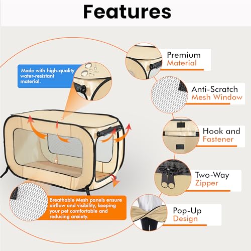 Beatrice Home Fashions Portable, Collapsible, Pop Up Kennel Travel Cat and Dog Crate, 36" L x 22" W x 22" H, Beige - color: Beige, size: 36.0"L x 22.0"W x 22.0"H
