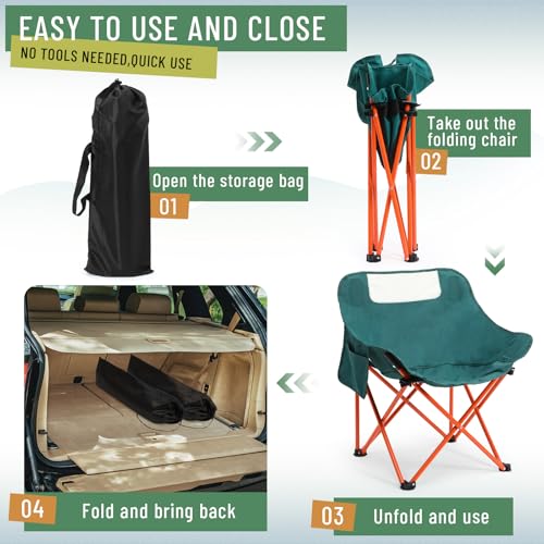 2 Pack Compact Camping Chairs Portable Folding for Outside with Carry Bag Lightweight Moon Chairs for Travel Picnic Hiking Beach Fishing, 600D Oxford, Supports 330lbs(Green) - color: Green