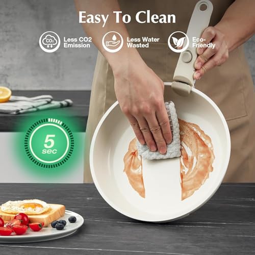White Non-Stick Ceramic Cookware Set, 5-Piece Pots and Pans Set with Detachable Handles, Perfect for Everyday Cooking, RV Camping, and Compact Kitchens, Induction Compatible, PFOA & PTFE Free - color: Beige White