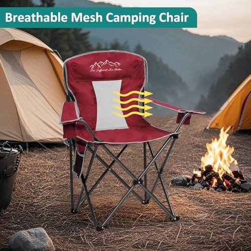 Outdoor Folding Camping Chair with Cup Holder, Storage Bag, Large Anti-Sink Feet, 400lbs Capacity, 2 Pack Breathable Mesh Portable Chair for Camping, Beach, Fishing, Sports, Red - color: Red, size: 2 Pack