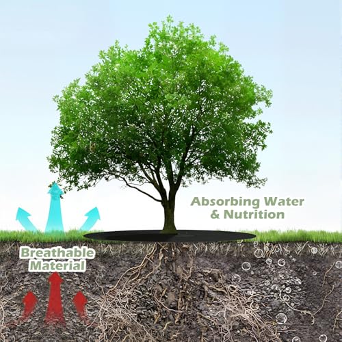 Tegeme 4 Pack 24.5 Inch Tree Ring with Self Adhesive and 8 Ground Pins, Degradable Protector Mat Reusable Non Woven Tree Mulch Ring Mat for Gardening Landscaping Weed Control Root Protection