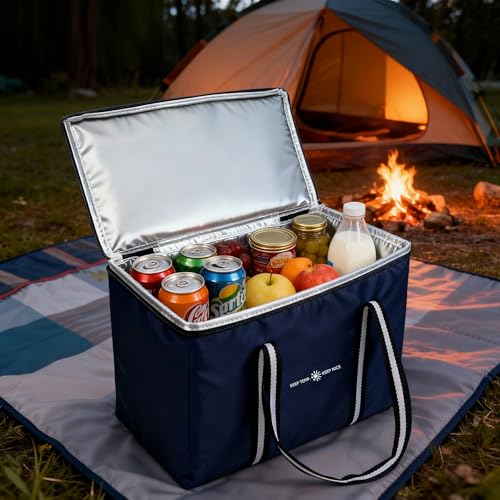 Insulated Food Delivery Bag, Large Durable Reusable Shopping Grocery Bag with Zipper – Foldable Thermal Cooler Bag for Hot & Cold Food, Pizza Delivery & Catering - color: Navy Blue 1